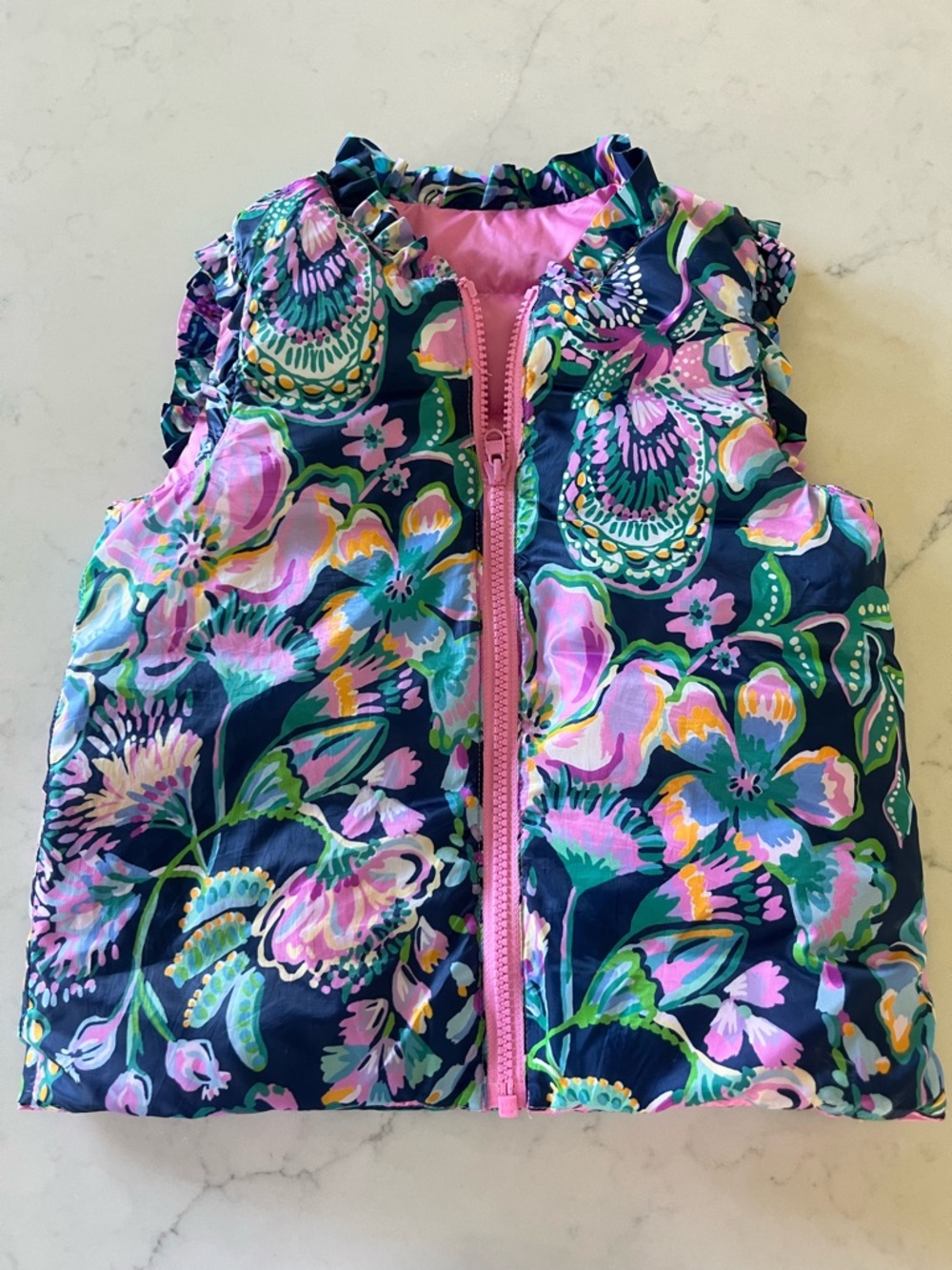 Lilly Pulitzer Girls Reversible Navy Floral Quilted Vest with Pink Trim